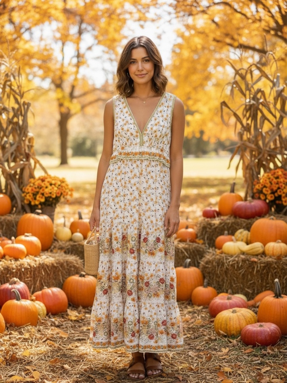 Max Studio White Floral V-Neck Maxi Dress orange Yellow size Small